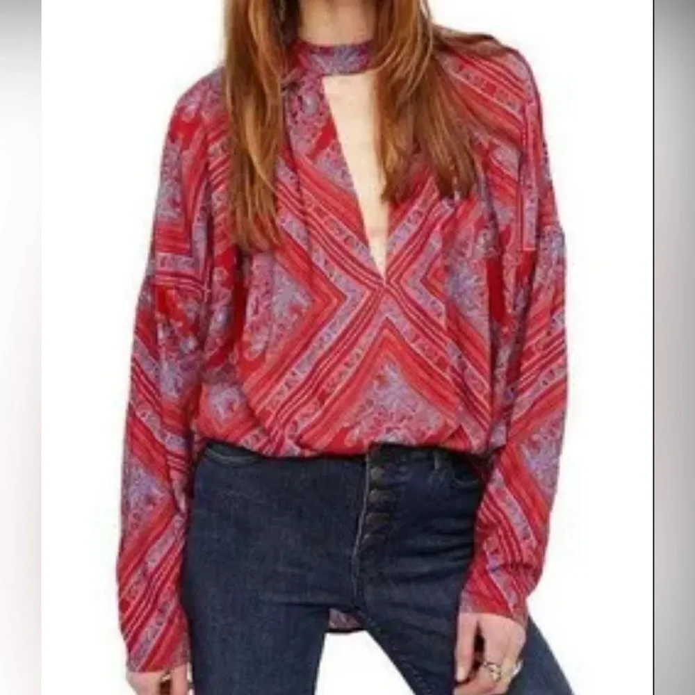 Free People Top Walking On A Dream Tunic Red Floral Choker Women’s Top Sz S